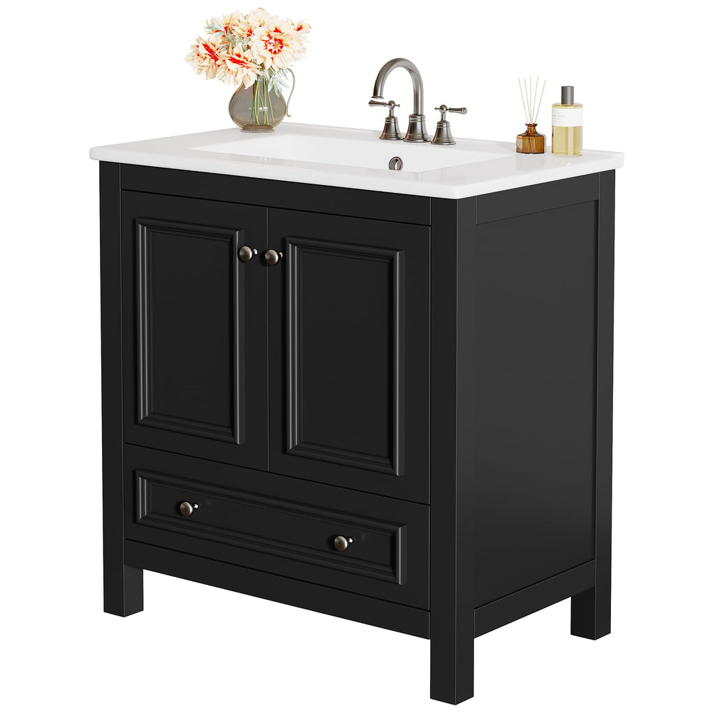 Tribesigns 30" Bathroom Vanity with Sink, Freestanding Bathroom Vanities Cabinet with Ceramic Basin Combo, Bathroom Sink Cabinet with 2 Doors and 1 Drawer, Solid Wooden Frame (Navy Blue, 30 INCH)