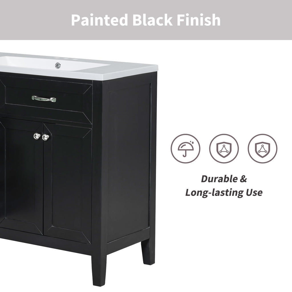 36 Inch Bathroom Vanities with Undermount Ceramic Sink, Storage Cabinet with Soft Closing Doors and Three Drawers, Solid Wood Frame, Natural Wood