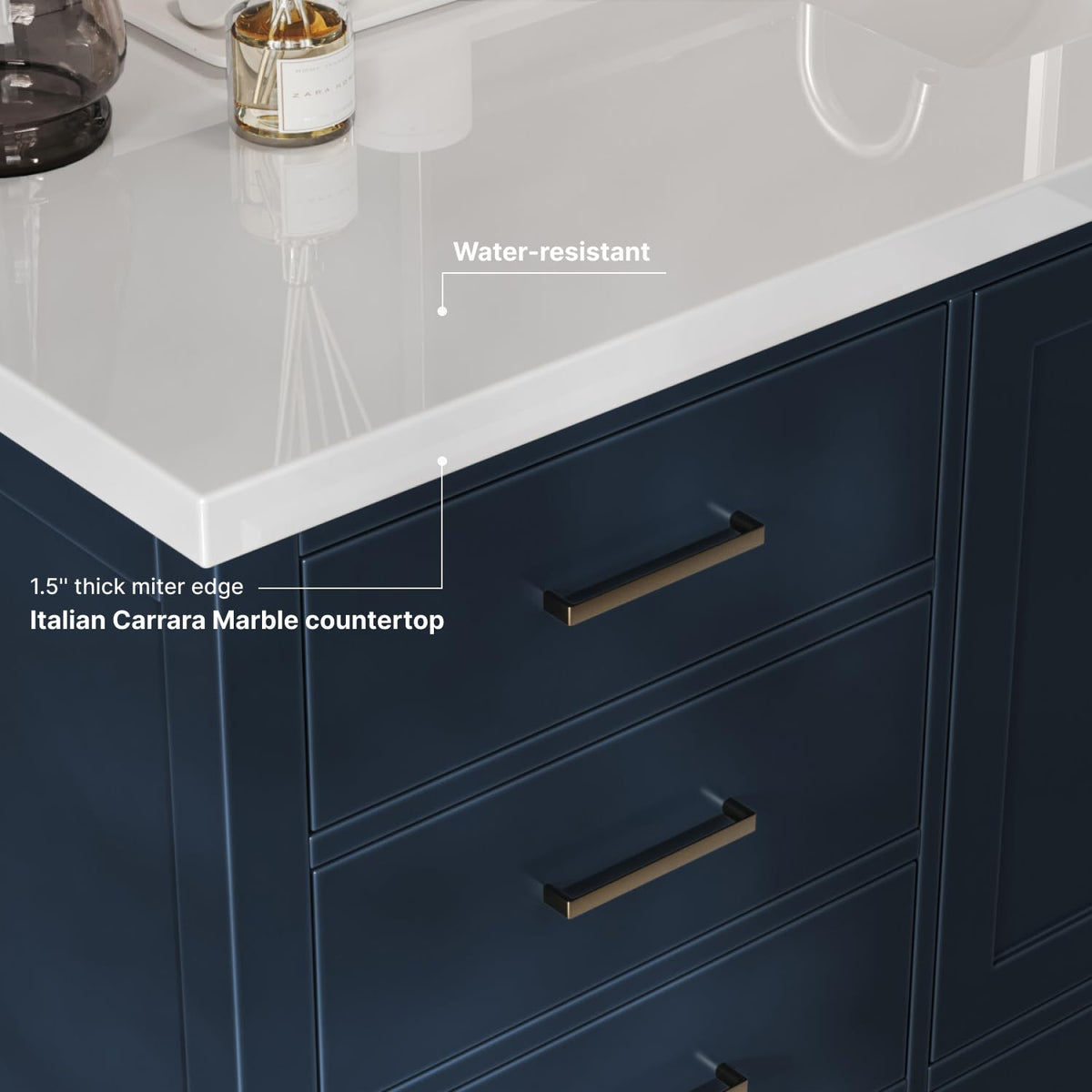 ARIEL Cambridge 66-inch Bathroom Vanity with Sink,Solid Wood, 1.5-inch Italian Carrara Marble Countertop, Single Rectangular Porcelain Sink, 2 Soft Closing Doors, 9 Dovetail Drawers, Midnight Blue