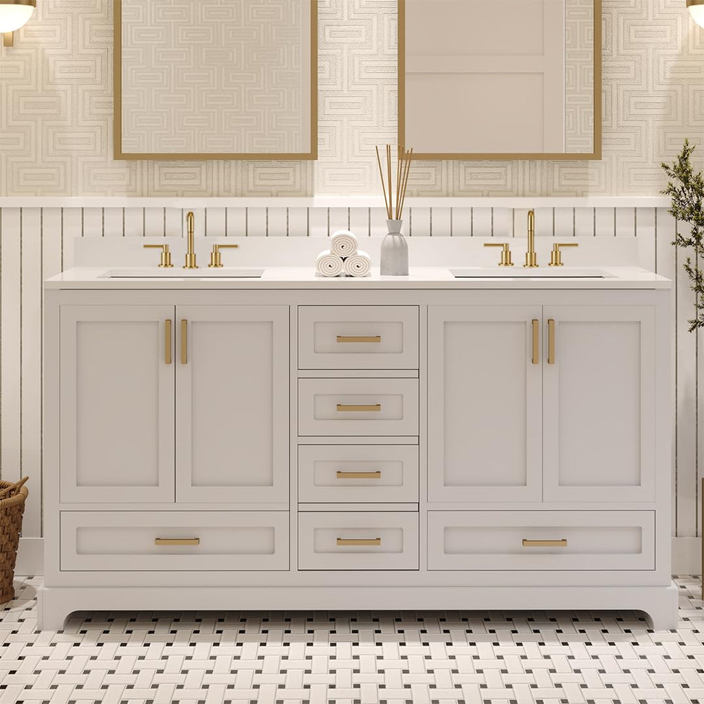 Ayna Decors Maya 72 Inch Double Vanity with Sink and Pre Drilled Faucet Holes Quartz Top in Charcoal Grey, Freestanding Bathroom Vanities with Soft Close Doors and Drawers - Brushed Gold Hardware