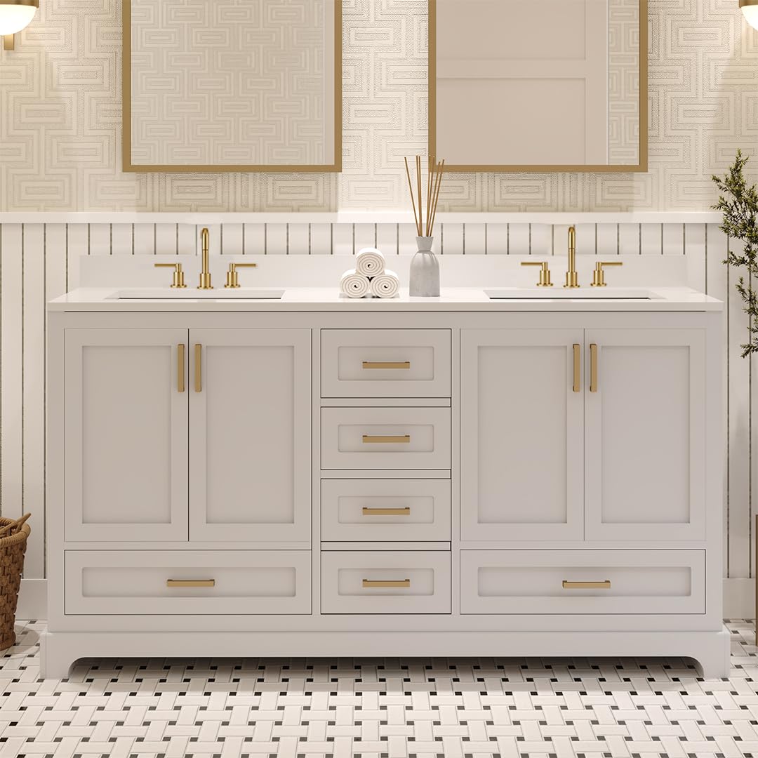 Ayna Decors Maya 72 Inch Double Vanity with Sink and Pre Drilled Faucet Holes Quartz Top in Charcoal Grey, Freestanding Bathroom Vanities with Soft Close Doors and Drawers - Brushed Gold Hardware