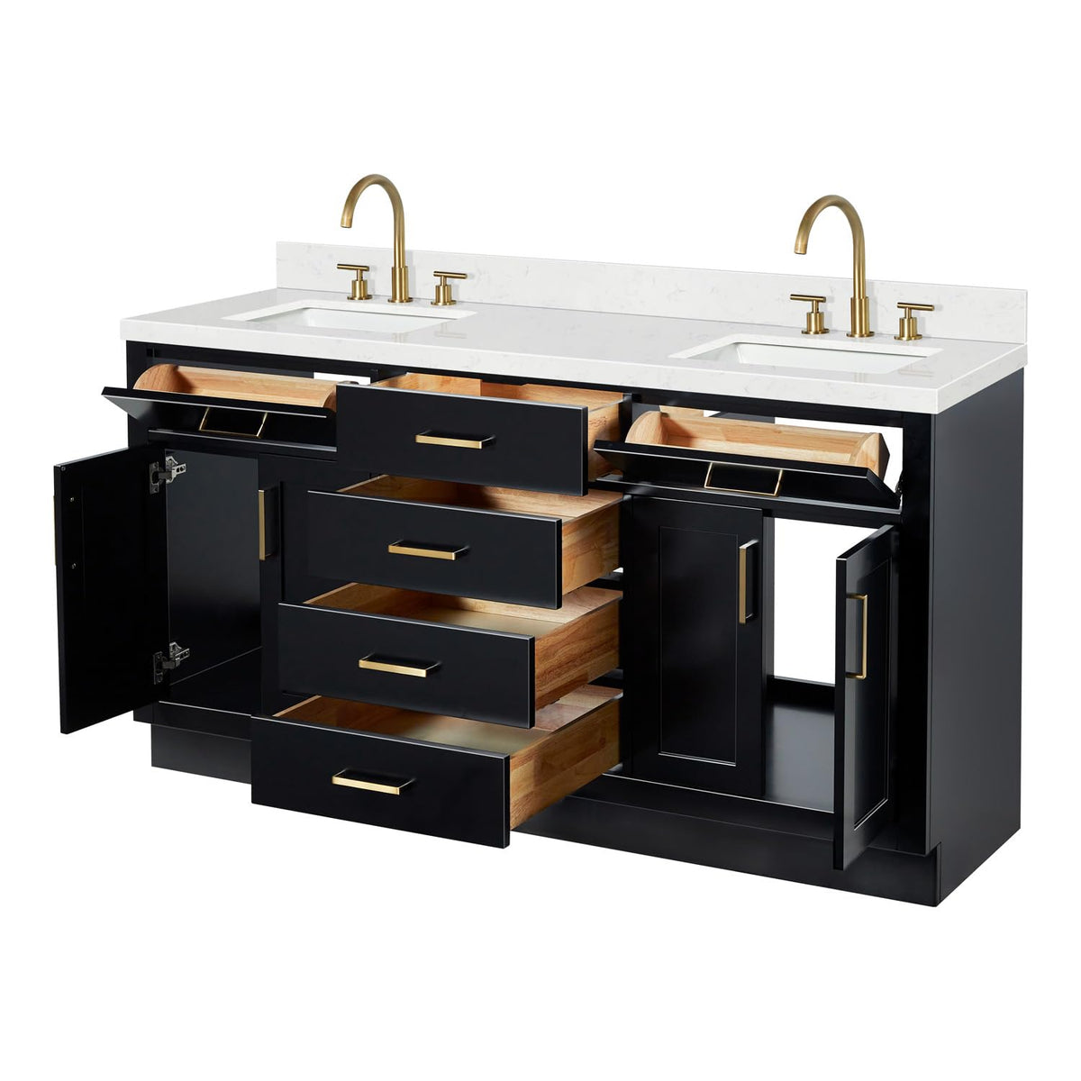 DKB Isabella 66" White Double Bathroom Vanity with 1.5" Carrara Quartz Countertop, Double Rectangular Undermount Sinks, 4 Soft Closing Doors, 6 Dovetail Drawers