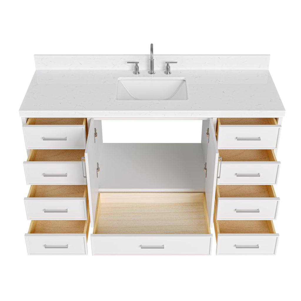 DKB Isabella 60 Inch Bathroom Vanity Single Sink â White Bathroom Vanity with Sink, 1.5" Edge Carrara White Quartz Countertop, Solid Wood, 2 Soft-Close Doors, 8 Dovetail Drawers + Tilt Drawer