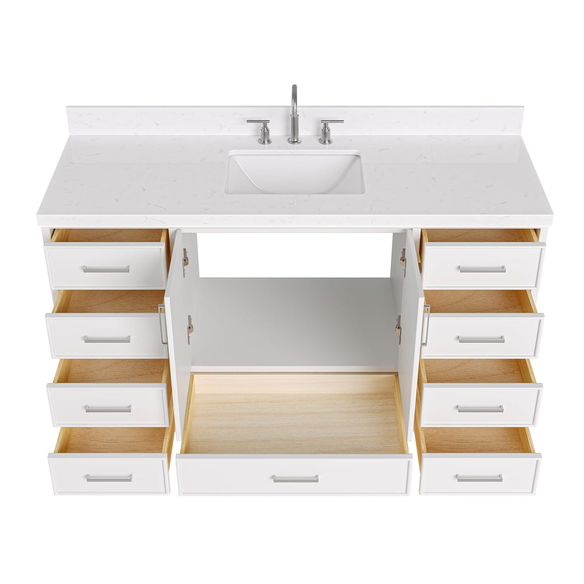 DKB Isabella 60 Inch Bathroom Vanity Single Sink â White Bathroom Vanity with Sink, 1.5" Edge Carrara White Quartz Countertop, Solid Wood, 2 Soft-Close Doors, 8 Dovetail Drawers + Tilt Drawer