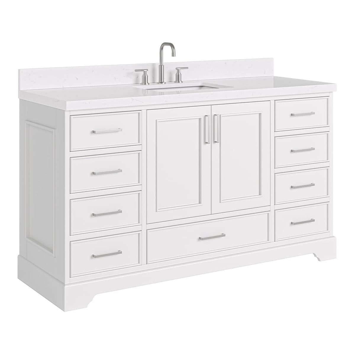 DKB Isabella 60 Inch Bathroom Vanity Single Sink â White Bathroom Vanity with Sink, 1.5" Edge Carrara White Quartz Countertop, Solid Wood, 2 Soft-Close Doors, 8 Dovetail Drawers + Tilt Drawer
