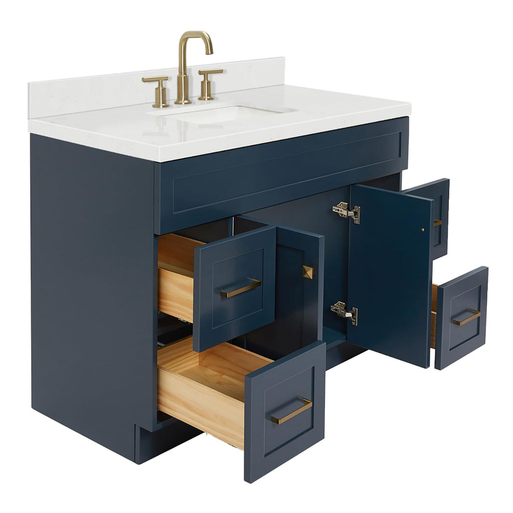 DKB Emilia 48-Inch Bathroom Vanity with Sink â Midnight Blue Single Sink Bathroom Vanity, 1.5" Edge Carrara Quartz Countertop, Solid Wood, 2 Soft Closing Doors, 9 Dovetail Drawers