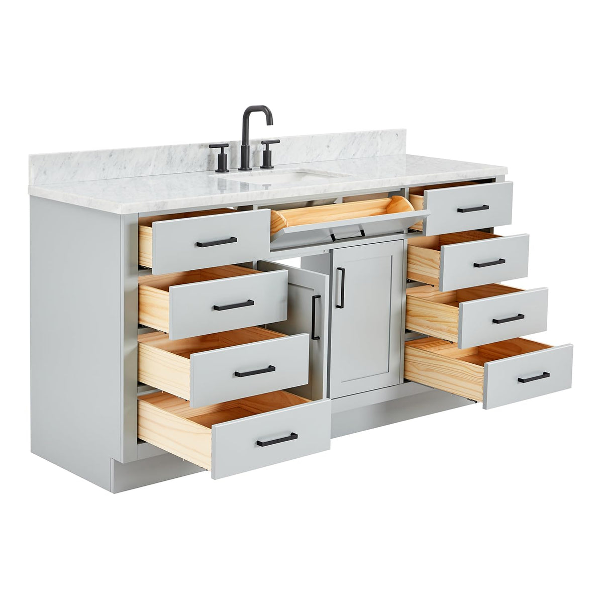 ARIEL Hepburn 66-inch Bathroom Vanity with Sink,Solid Wood, 1.5-inch Pure White Quartz Countertop & Backsplash, Single Rectangular Porcelain Sink, 2 Soft Closing Doors, 9 Dovetail Drawers, White