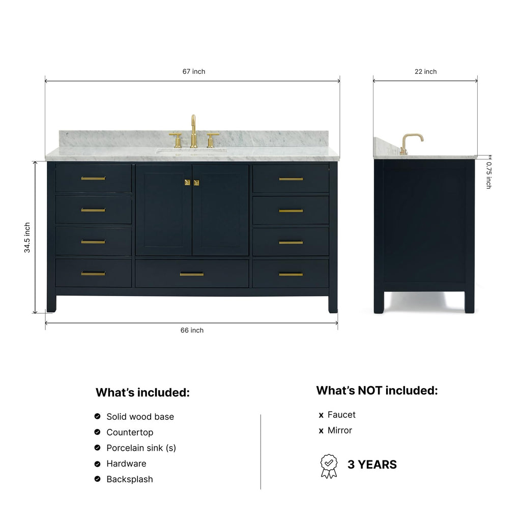 ARIEL Cambridge 66-inch Bathroom Vanity with Sink,Solid Wood, 1.5-inch Italian Carrara Marble Countertop, Single Rectangular Porcelain Sink, 2 Soft Closing Doors, 9 Dovetail Drawers, Midnight Blue