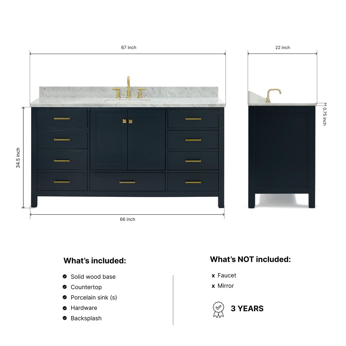 ARIEL Cambridge 66-inch Bathroom Vanity with Sink,Solid Wood, 1.5-inch Italian Carrara Marble Countertop, Single Rectangular Porcelain Sink, 2 Soft Closing Doors, 9 Dovetail Drawers, Midnight Blue