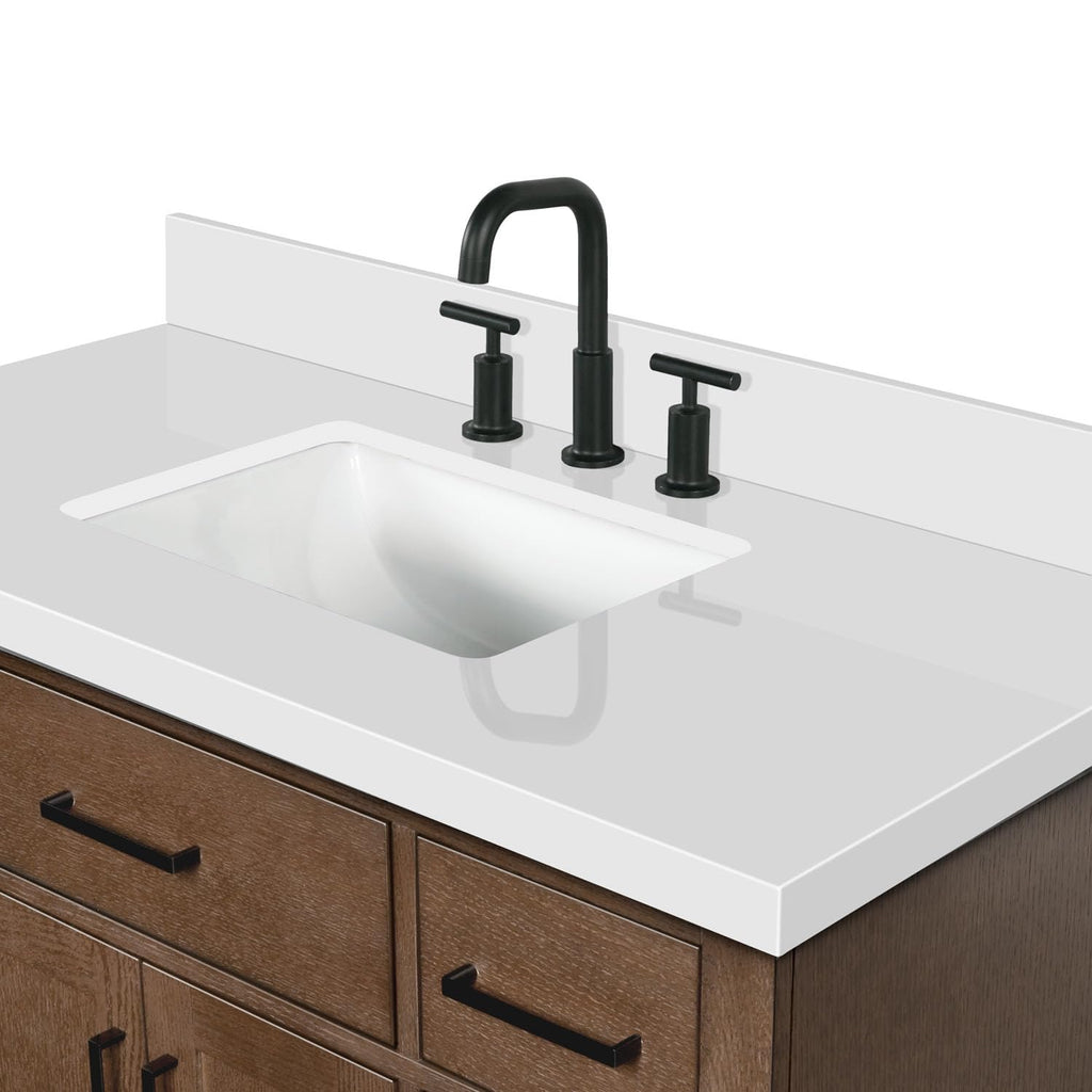DKB Beckford 42-Inch White Bathroom Vanity with Sink, Solid Wood Base Cabinet, 1.5" White Quartz Countertop, Rectangular Sink, 2 Soft Closing Doors, 9 Drawers