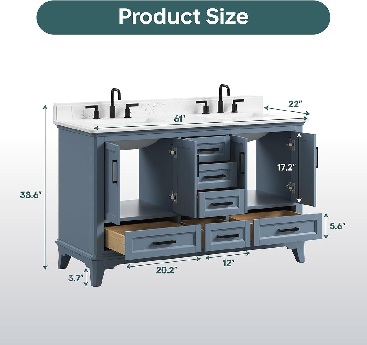 60 Inch Bathroom Vanity Double Sink, Steel Blue