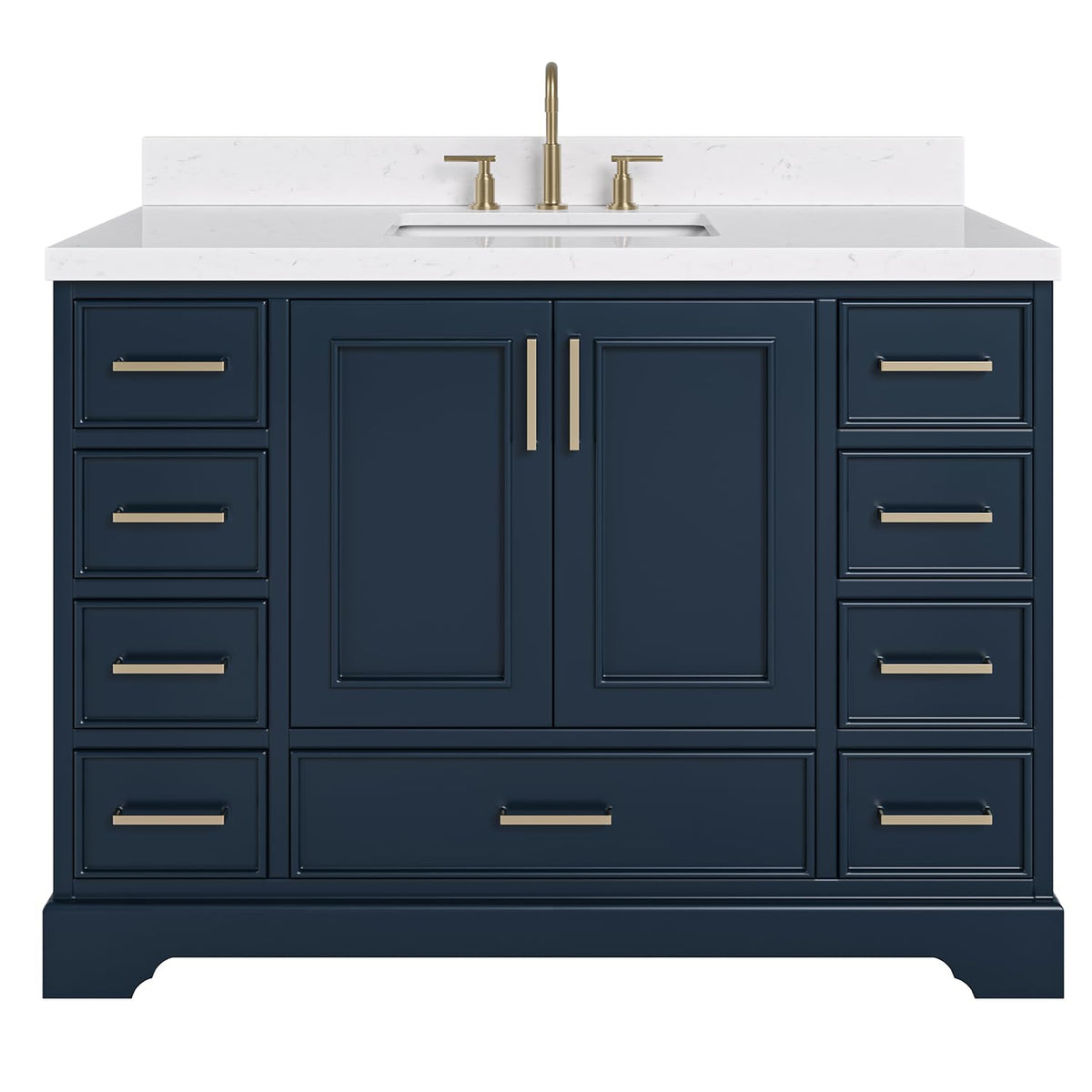 DKB Emilia 48-Inch Bathroom Vanity with Sink â Midnight Blue Single Sink Bathroom Vanity, 1.5" Edge Carrara Quartz Countertop, Solid Wood, 2 Soft Closing Doors, 9 Dovetail Drawers