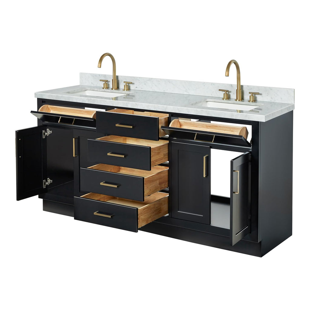 DKB Isabella 72" Oak Double Bathroom Vanity with Sink, 1.5" Carrara White Marble Countertop, Rectangle Undermount Sinks, 4 Soft Closing Doors, 6 Dovetail Drawers