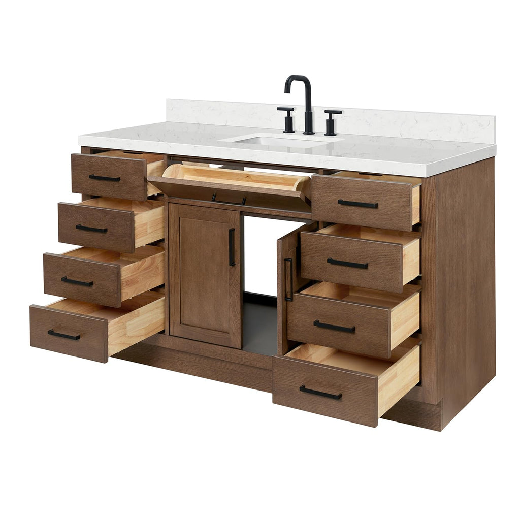 ARIEL Hepburn 60-inch Bathroom Vanity with Sink,Solid Wood, 1.5-inch Carrara White Quartz Countertop & Backsplash, Single Rectangular Porcelain Sink, 2 Soft Closing Doors, 9 Dovetail Drawers, Black