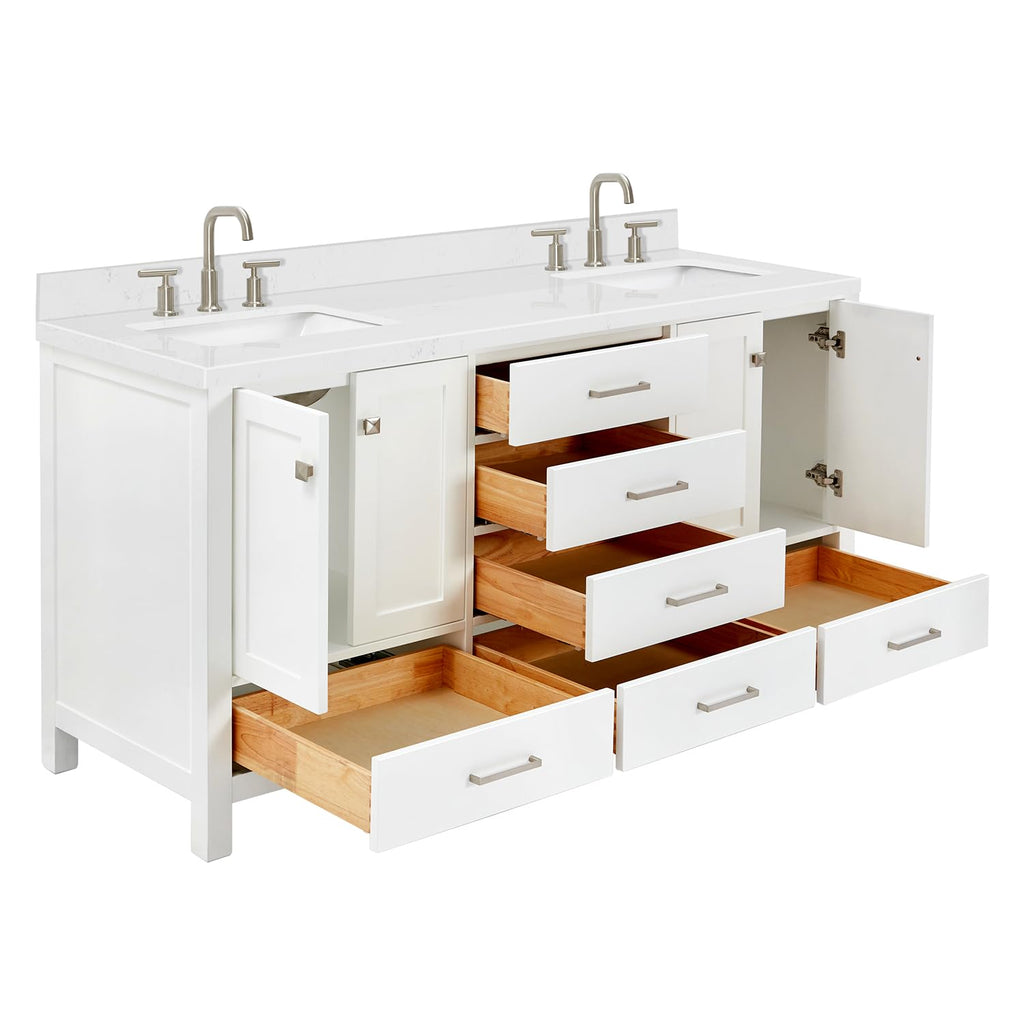 DKB Isabella 66" White Double Bathroom Vanity with 1.5" Carrara Quartz Countertop, Double Rectangular Undermount Sinks, 4 Soft Closing Doors, 6 Dovetail Drawers