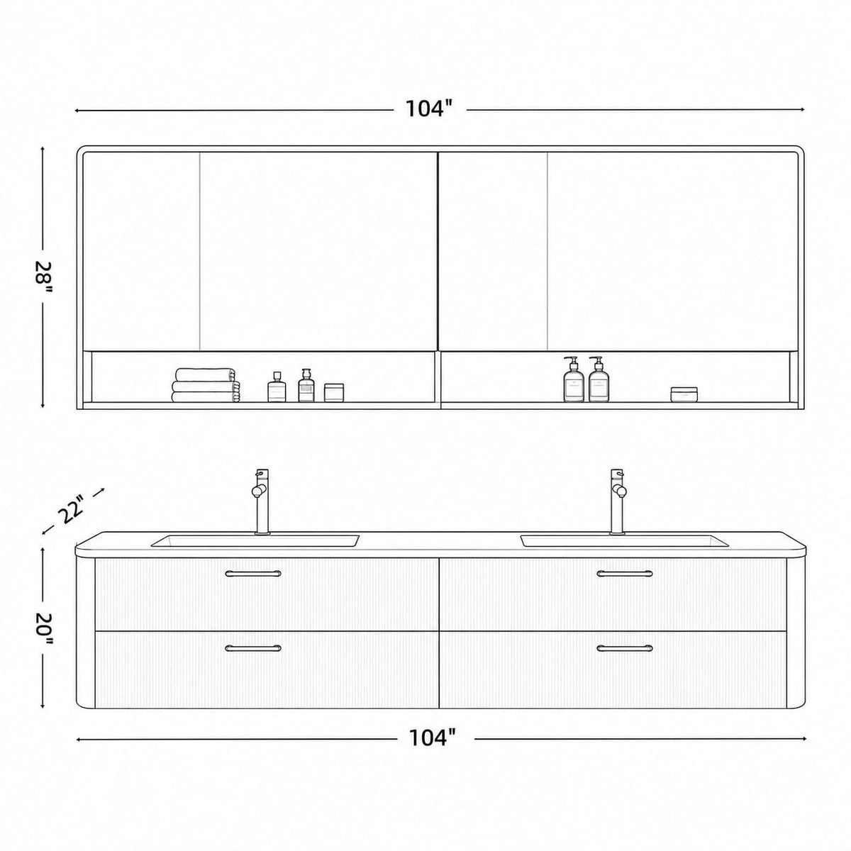 96 in Floating Double Bathroom Vanity with Sinks & LED Mirrors