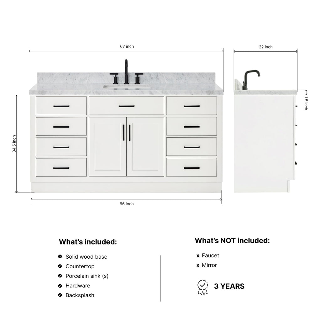 ARIEL Hepburn 66-inch Bathroom Vanity with Sink,Solid Wood, 1.5-inch Pure White Quartz Countertop & Backsplash, Single Rectangular Porcelain Sink, 2 Soft Closing Doors, 9 Dovetail Drawers, White
