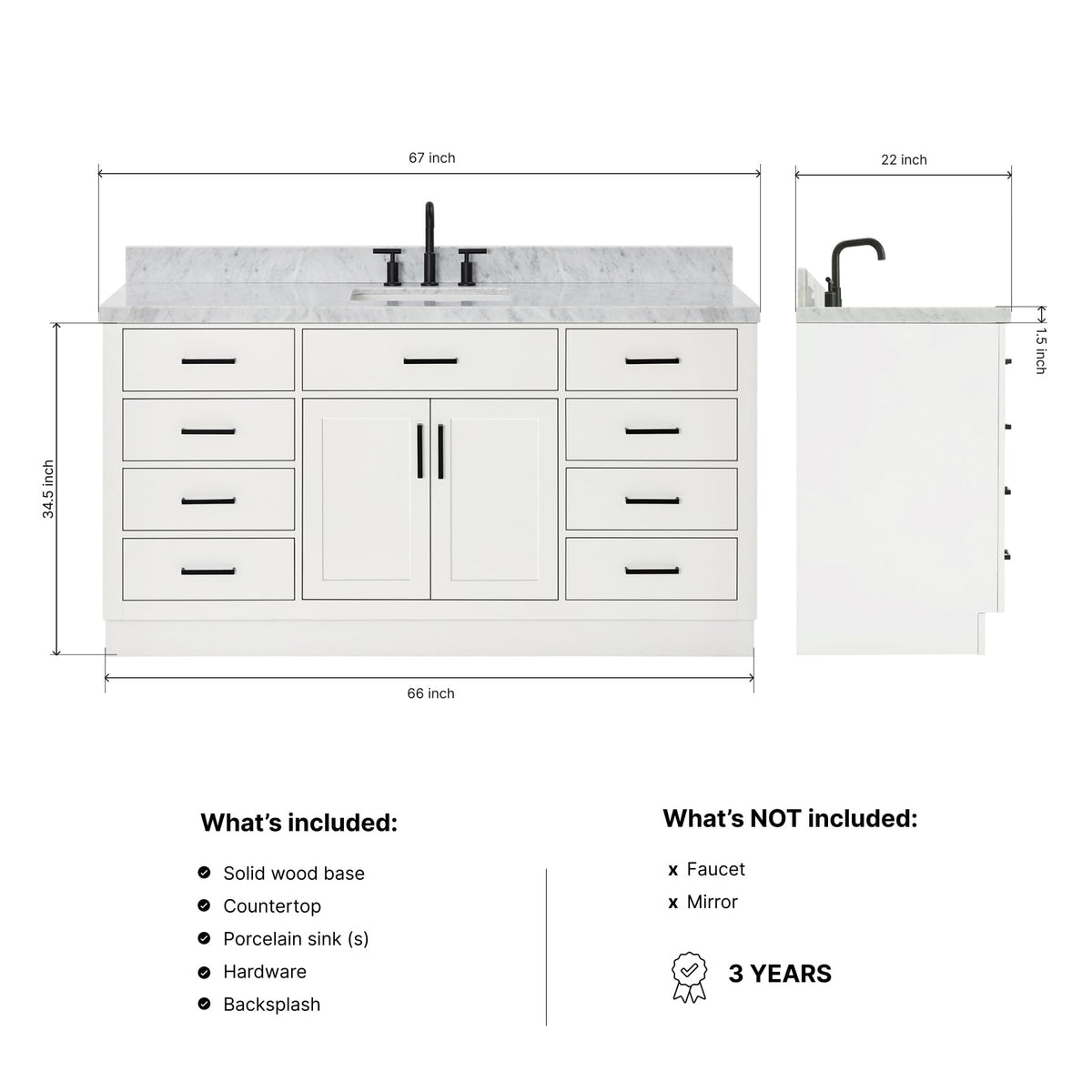 ARIEL Hepburn 66-inch Bathroom Vanity with Sink,Solid Wood, 1.5-inch Pure White Quartz Countertop & Backsplash, Single Rectangular Porcelain Sink, 2 Soft Closing Doors, 9 Dovetail Drawers, White