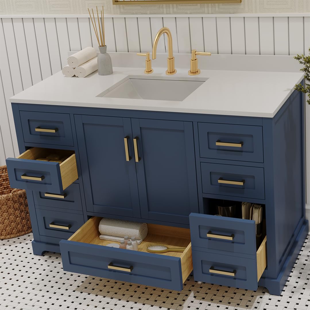 Ayna Decors Maya 72 Inch Double Vanity with Sink and Pre Drilled Faucet Holes Quartz Top in Charcoal Grey, Freestanding Bathroom Vanities with Soft Close Doors and Drawers - Brushed Gold Hardware