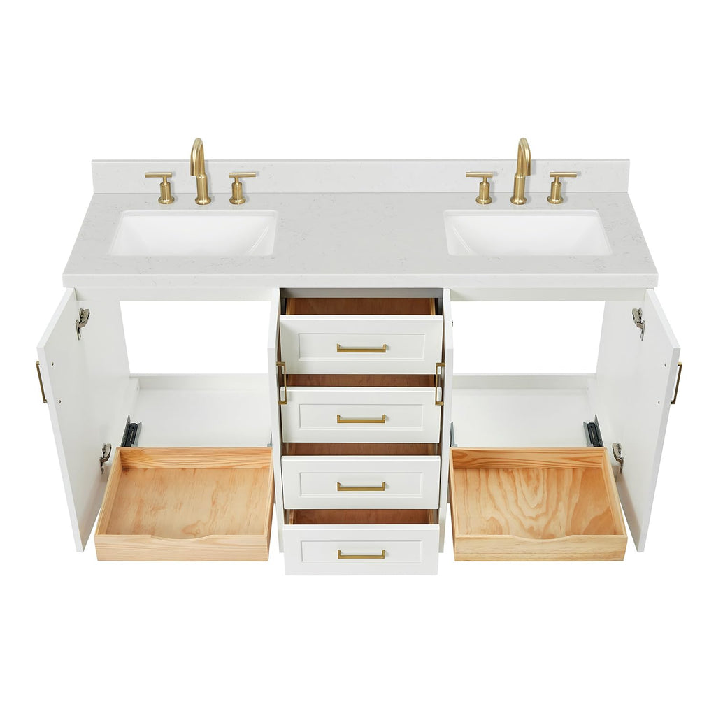 DKB Isabella 66" White Double Bathroom Vanity with 1.5" Carrara Quartz Countertop, Double Rectangular Undermount Sinks, 4 Soft Closing Doors, 6 Dovetail Drawers