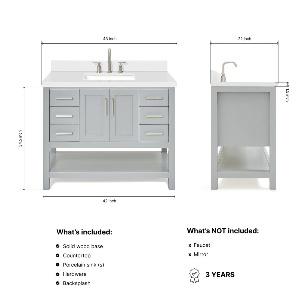 DKB Beckford 42-Inch White Bathroom Vanity with Sink, Solid Wood Base Cabinet, 1.5" White Quartz Countertop, Rectangular Sink, 2 Soft Closing Doors, 9 Drawers