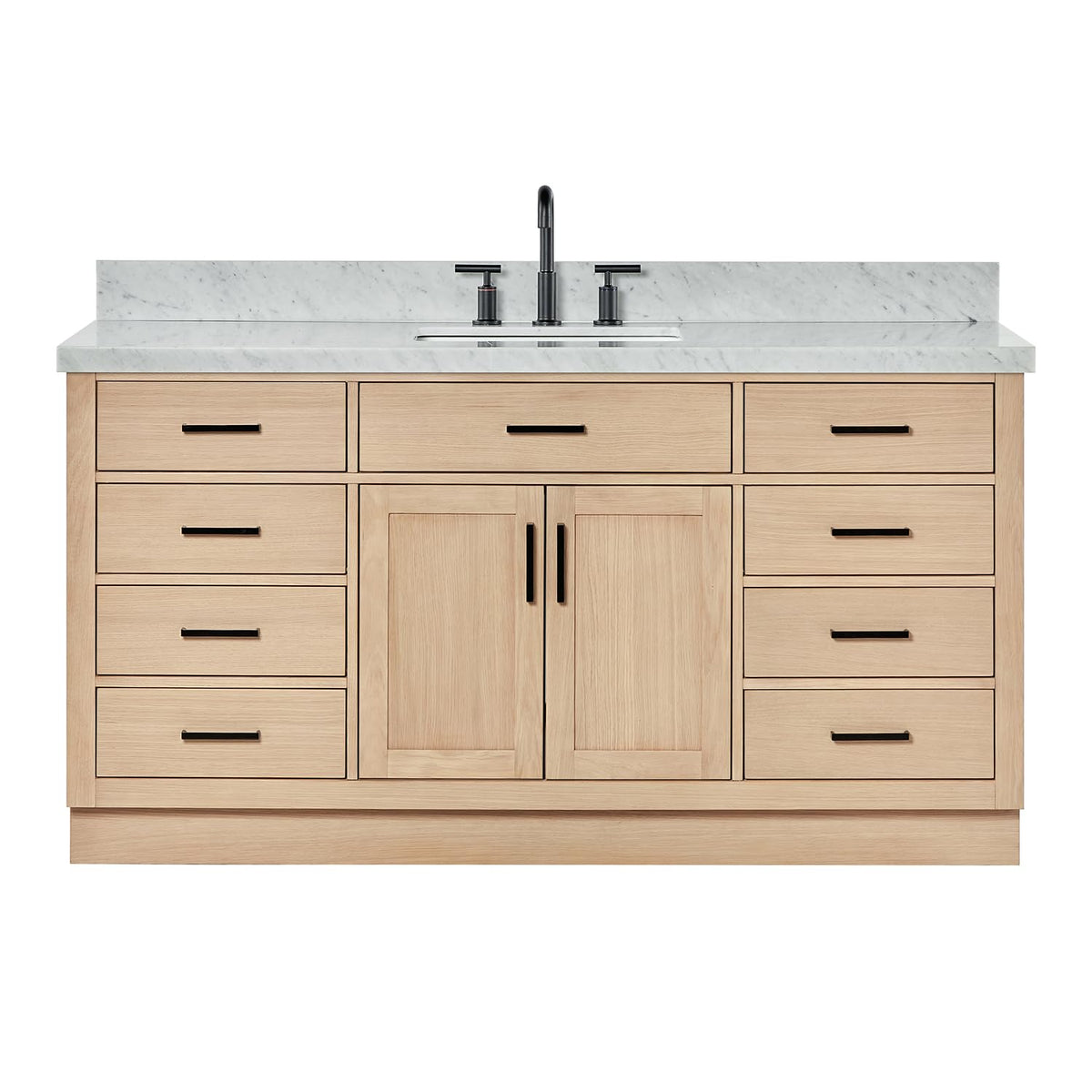 ARIEL Hepburn 66-inch Bathroom Vanity with Sink,Solid Wood, 1.5-inch Pure White Quartz Countertop & Backsplash, Single Rectangular Porcelain Sink, 2 Soft Closing Doors, 9 Dovetail Drawers, White