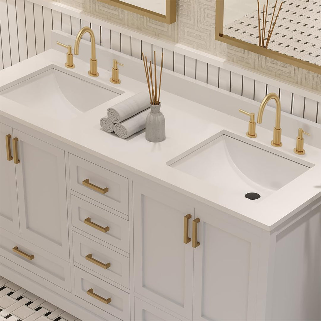 Ayna Decors Maya 72 Inch Double Vanity with Sink and Pre Drilled Faucet Holes Quartz Top in Charcoal Grey, Freestanding Bathroom Vanities with Soft Close Doors and Drawers - Brushed Gold Hardware