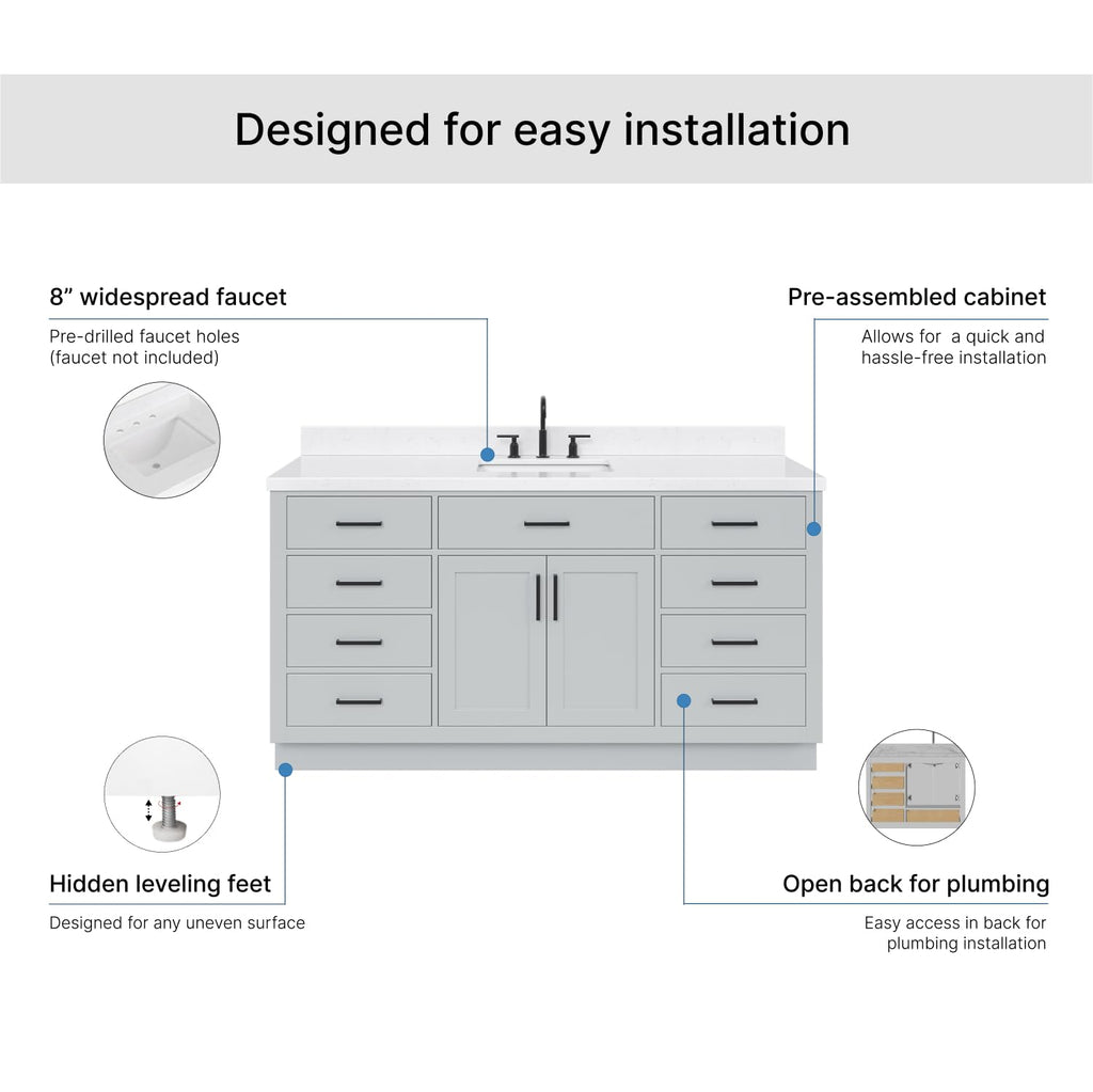 ARIEL Hepburn 66-inch Bathroom Vanity with Sink,Solid Wood, 1.5-inch Pure White Quartz Countertop & Backsplash, Single Rectangular Porcelain Sink, 2 Soft Closing Doors, 9 Dovetail Drawers, White