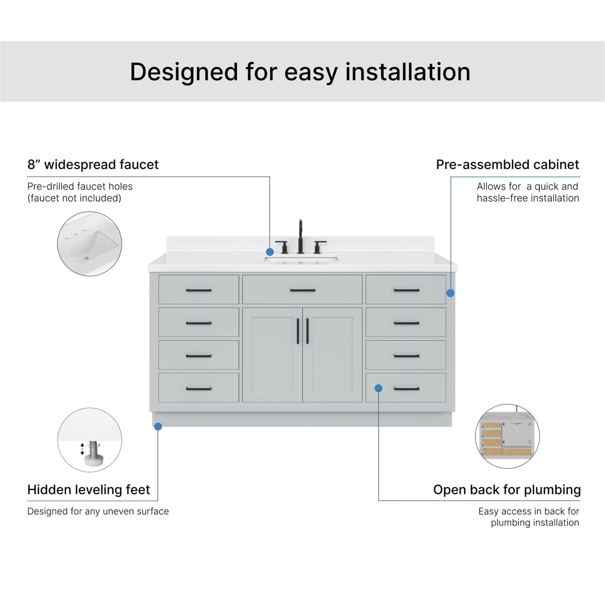 ARIEL Hepburn 66-inch Bathroom Vanity with Sink,Solid Wood, 1.5-inch Pure White Quartz Countertop & Backsplash, Single Rectangular Porcelain Sink, 2 Soft Closing Doors, 9 Dovetail Drawers, White