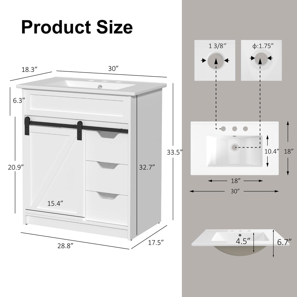 30" Bathroom Vanity with Sink, Sliding Barn Door & 3 Drawers