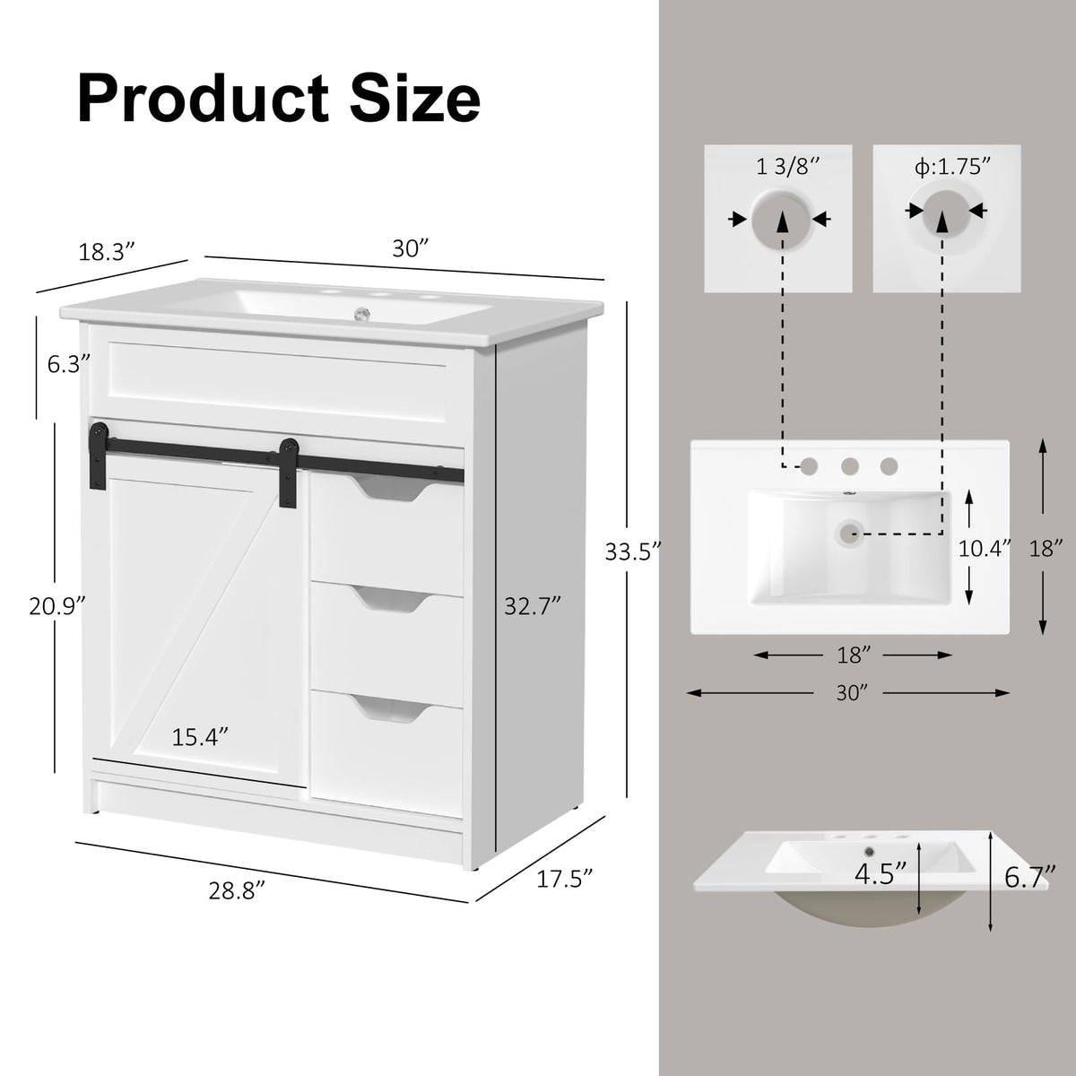 30" Bathroom Vanity with Sink, Sliding Barn Door & 3 Drawers