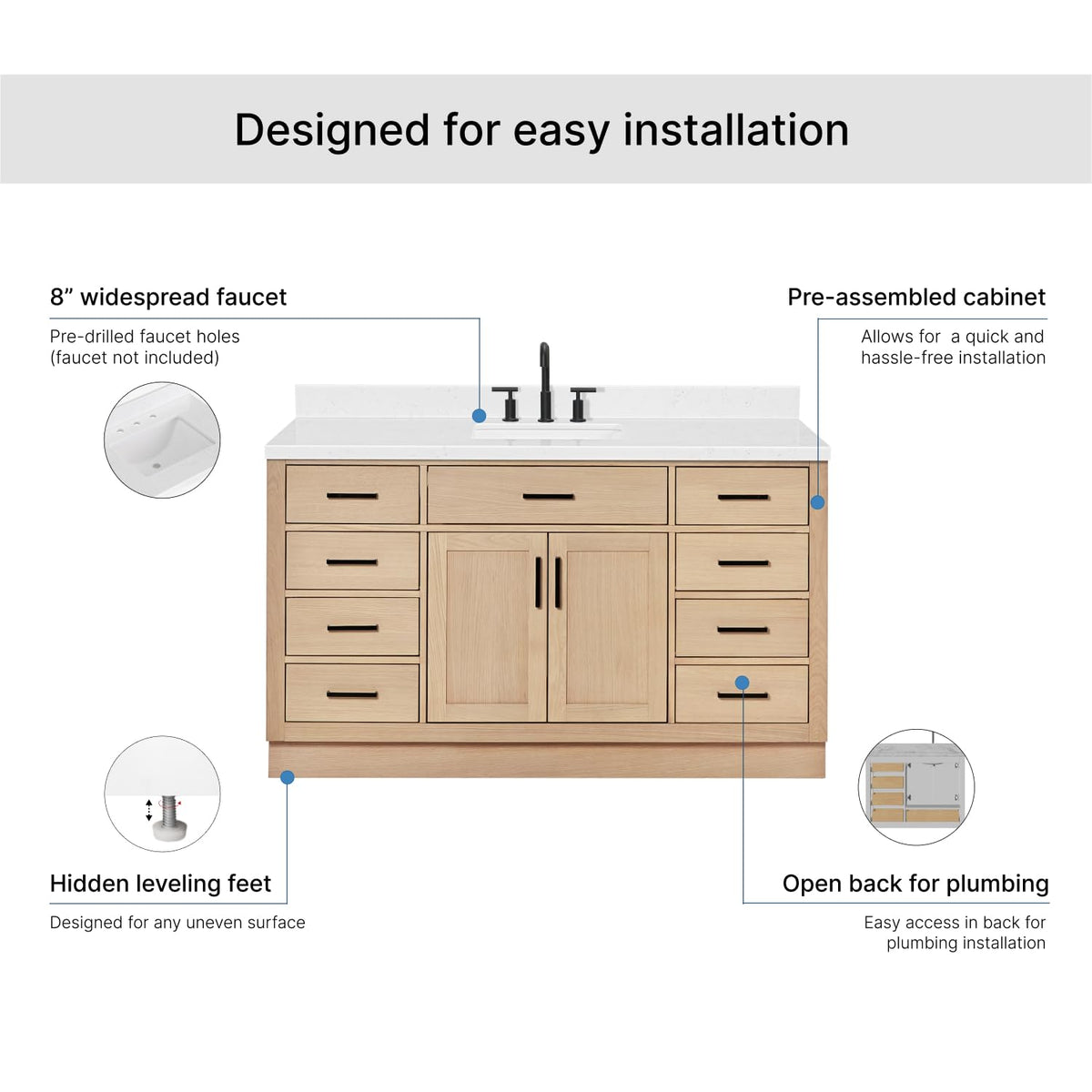 ARIEL Hepburn 60-inch Bathroom Vanity with Sink,Solid Wood, 1.5-inch Carrara White Quartz Countertop & Backsplash, Single Rectangular Porcelain Sink, 2 Soft Closing Doors, 9 Dovetail Drawers, Black