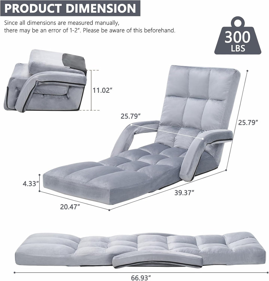 Velvet Adjustable Floor Gaming Chair with 14-Positions, Folding Floor Chair with Back Support, Indoor Floor Chairs with Armrest for Living Room, Bedroom, Balcony, Grey