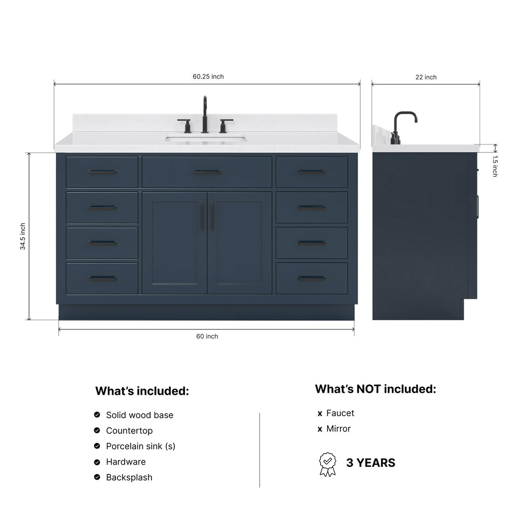 ARIEL Hepburn 60-inch Bathroom Vanity with Sink,Solid Wood, 1.5-inch Carrara White Quartz Countertop & Backsplash, Single Rectangular Porcelain Sink, 2 Soft Closing Doors, 9 Dovetail Drawers, Black