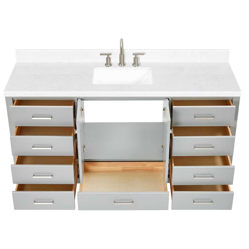 ARIEL Cambridge 66-inch Bathroom Vanity with Sink,Solid Wood, 1.5-inch Italian Carrara Marble Countertop, Single Rectangular Porcelain Sink, 2 Soft Closing Doors, 9 Dovetail Drawers, Midnight Blue
