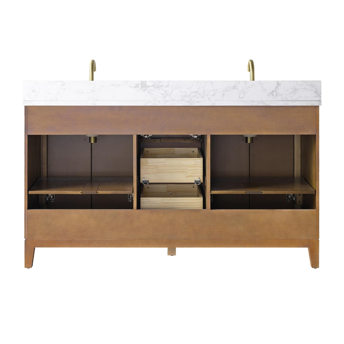 Vanity Art 72" Bathroom Vanity with Double Sink & Arabescato White Engineered Stone Top, Vanity Cabinet with Soft Closing Door, Solid Wood Frame, Golden Brushed Handles, Walnut VA8172D-Walnut-GB