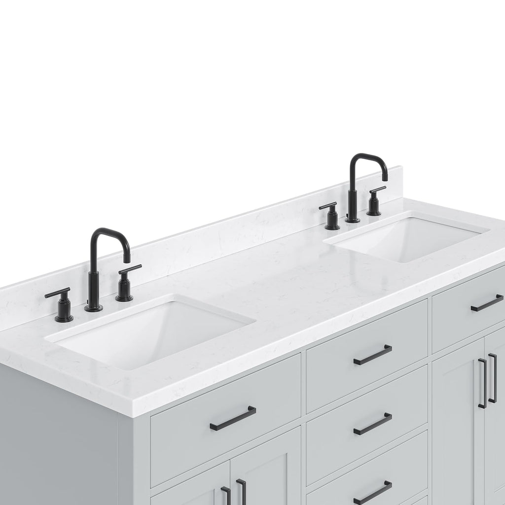 DKB Isabella 66" White Double Bathroom Vanity with 1.5" Carrara Quartz Countertop, Double Rectangular Undermount Sinks, 4 Soft Closing Doors, 6 Dovetail Drawers