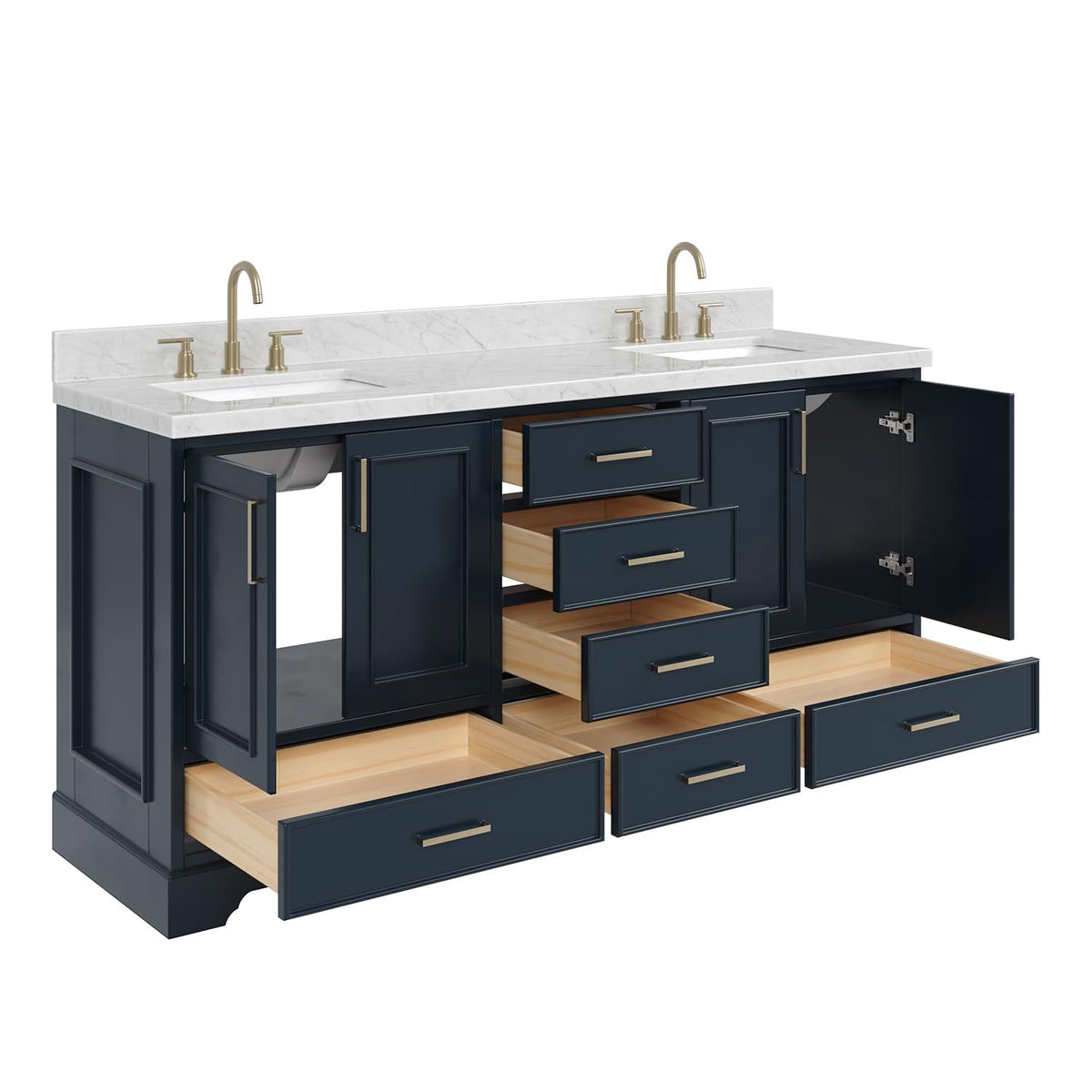 DKB Isabella 72" Oak Double Bathroom Vanity with Sink, 1.5" Carrara White Marble Countertop, Rectangle Undermount Sinks, 4 Soft Closing Doors, 6 Dovetail Drawers