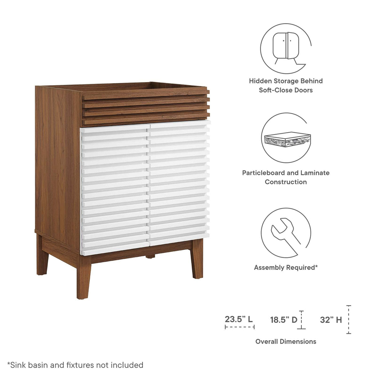 Modway Render Mid-Century Bathroom Vanity With Sink in Walnut White,24 Inch