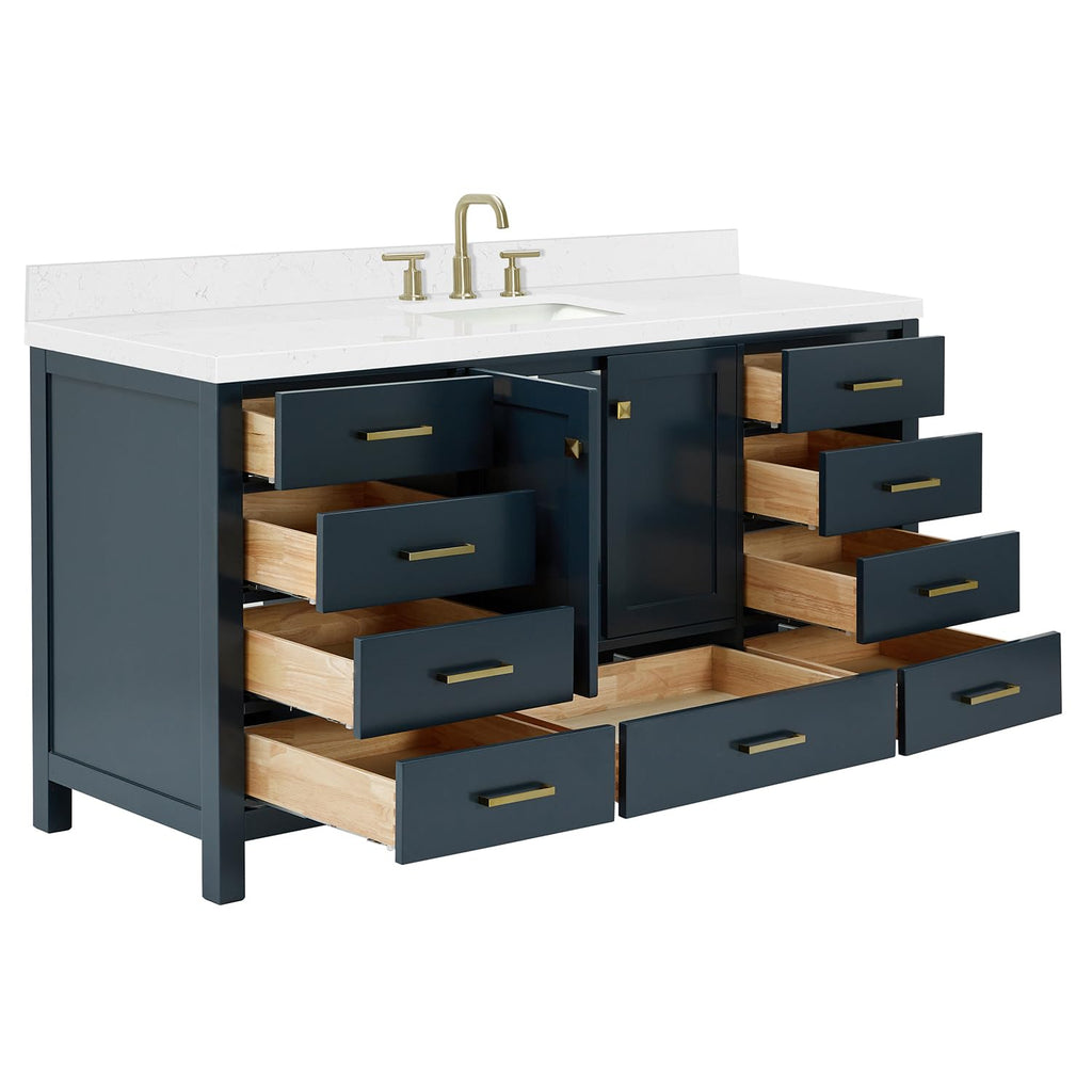 ARIEL Cambridge 66-inch Bathroom Vanity with Sink,Solid Wood, 1.5-inch Italian Carrara Marble Countertop, Single Rectangular Porcelain Sink, 2 Soft Closing Doors, 9 Dovetail Drawers, Midnight Blue
