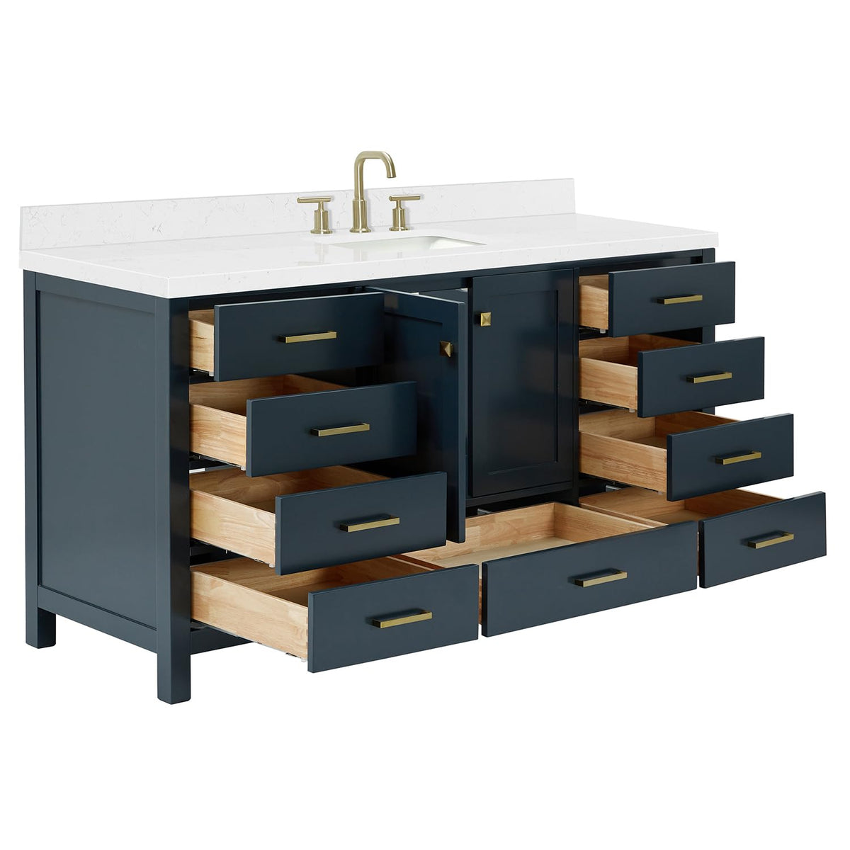 ARIEL Cambridge 66-inch Bathroom Vanity with Sink,Solid Wood, 1.5-inch Italian Carrara Marble Countertop, Single Rectangular Porcelain Sink, 2 Soft Closing Doors, 9 Dovetail Drawers, Midnight Blue
