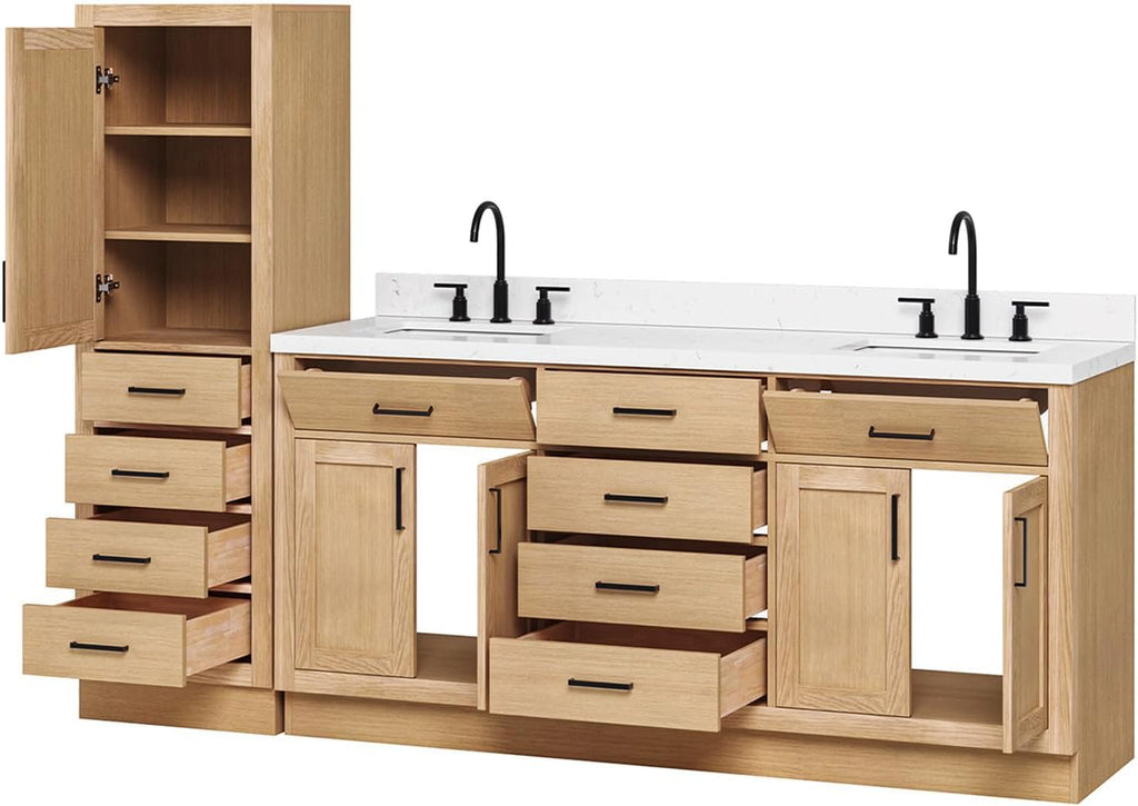 ARIEL Hepburn 92 Inch Includes 20 Inch Linen Cabinet and 1 of 72 Inch Double Rectangle Sink Bathroom Vanity with Carrara White Quartz Countertop 1.5 Inch in Natural Oak
