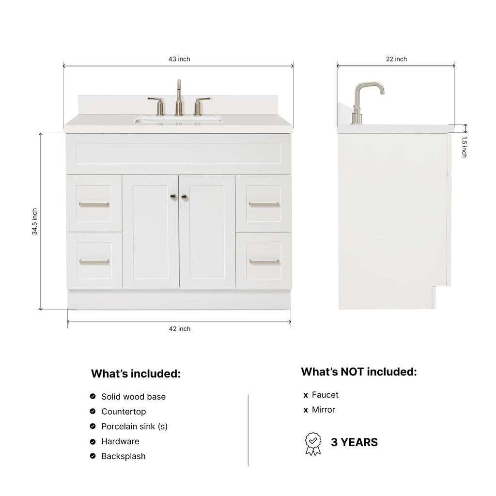DKB Beckford 42-Inch White Bathroom Vanity with Sink, Solid Wood Base Cabinet, 1.5" White Quartz Countertop, Rectangular Sink, 2 Soft Closing Doors, 9 Drawers