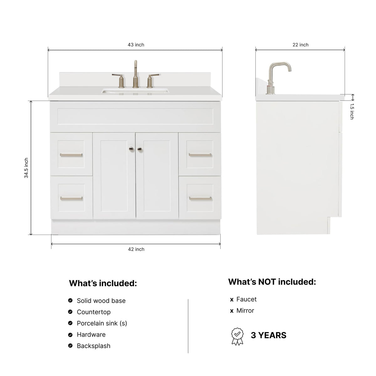 DKB Beckford 42-Inch White Bathroom Vanity with Sink, Solid Wood Base Cabinet, 1.5" White Quartz Countertop, Rectangular Sink, 2 Soft Closing Doors, 9 Drawers