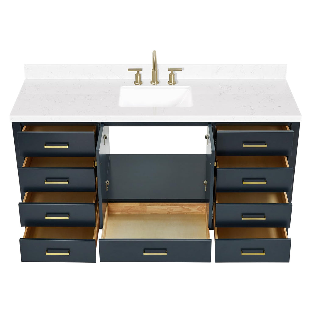 ARIEL Cambridge 66-inch Bathroom Vanity with Sink,Solid Wood, 1.5-inch Italian Carrara Marble Countertop, Single Rectangular Porcelain Sink, 2 Soft Closing Doors, 9 Dovetail Drawers, Midnight Blue