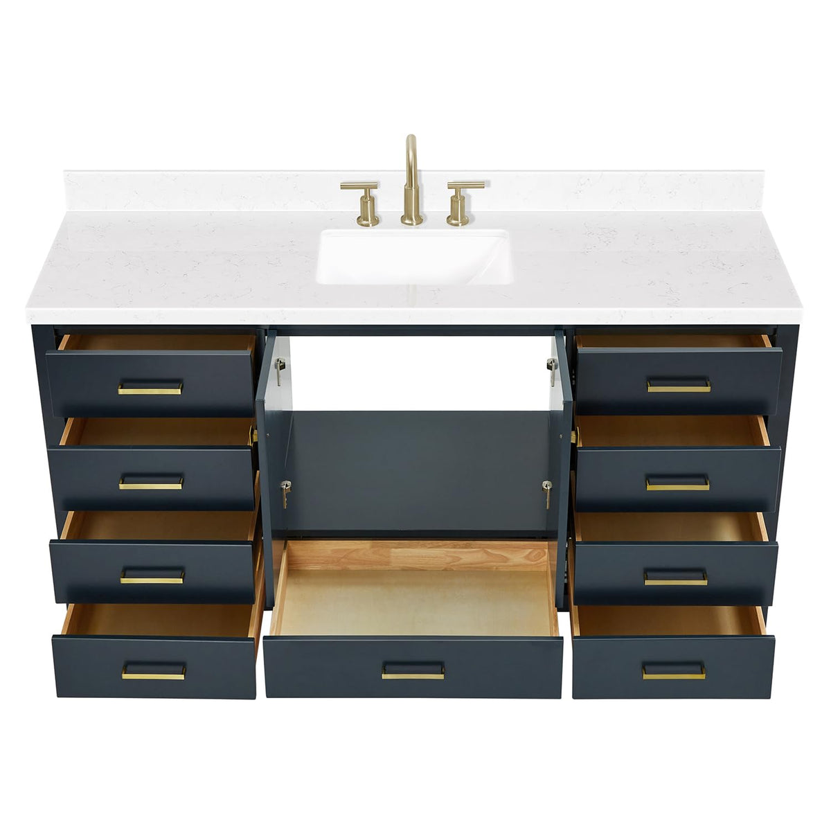 ARIEL Cambridge 66-inch Bathroom Vanity with Sink,Solid Wood, 1.5-inch Italian Carrara Marble Countertop, Single Rectangular Porcelain Sink, 2 Soft Closing Doors, 9 Dovetail Drawers, Midnight Blue
