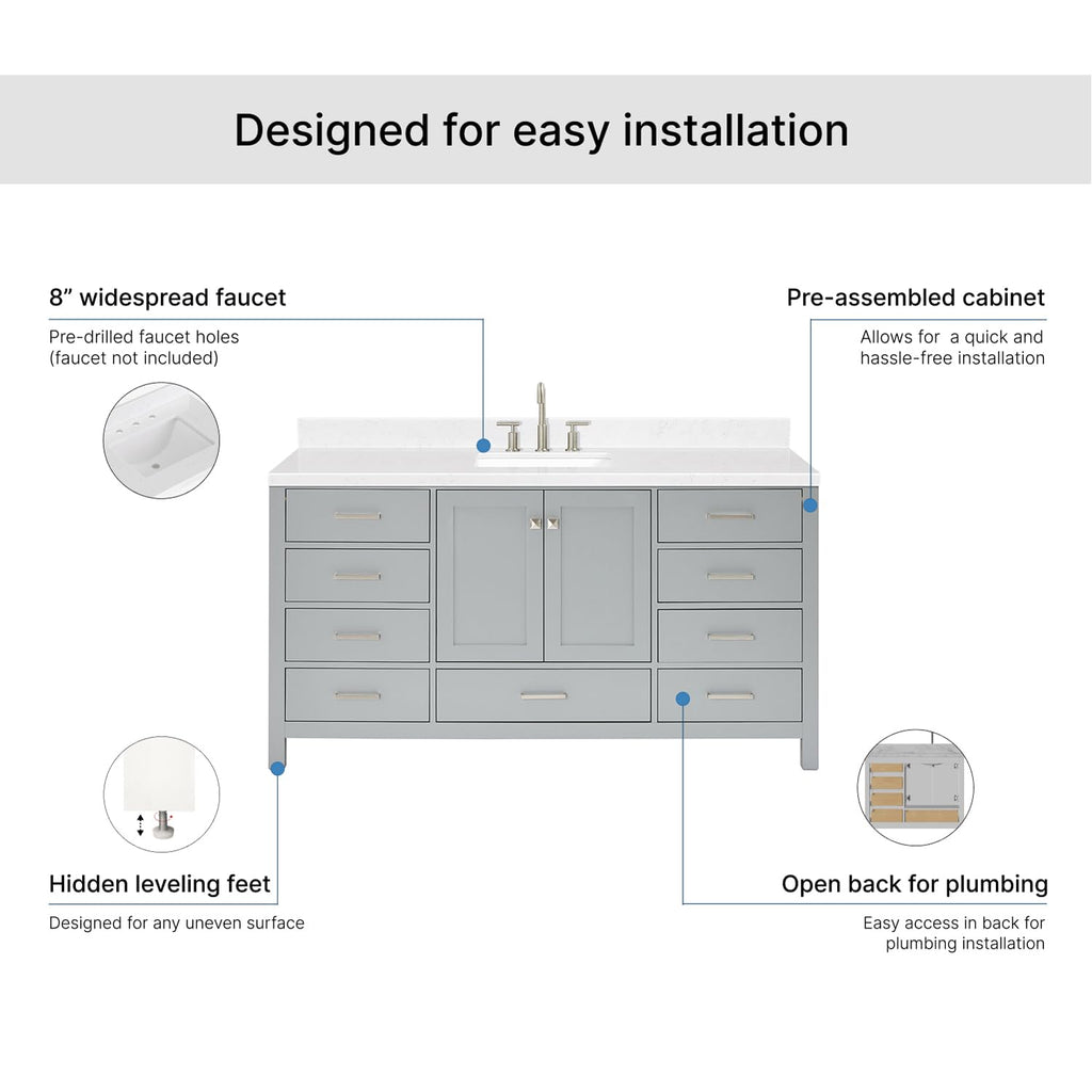 ARIEL Cambridge 66-inch Bathroom Vanity with Sink,Solid Wood, 1.5-inch Italian Carrara Marble Countertop, Single Rectangular Porcelain Sink, 2 Soft Closing Doors, 9 Dovetail Drawers, Midnight Blue