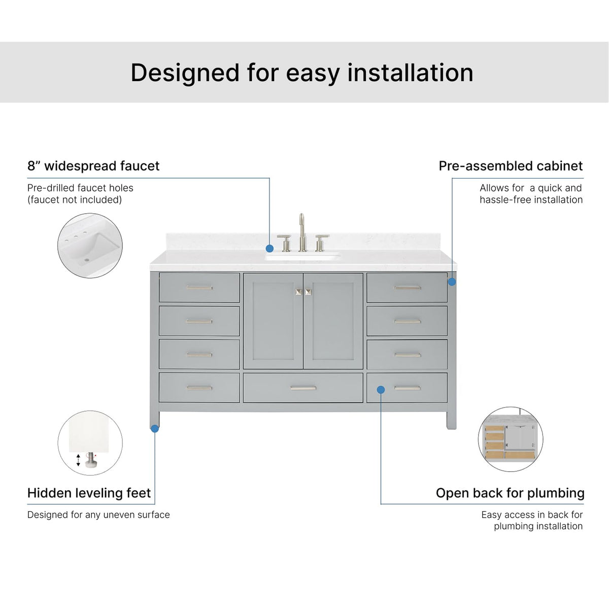 ARIEL Cambridge 66-inch Bathroom Vanity with Sink,Solid Wood, 1.5-inch Italian Carrara Marble Countertop, Single Rectangular Porcelain Sink, 2 Soft Closing Doors, 9 Dovetail Drawers, Midnight Blue