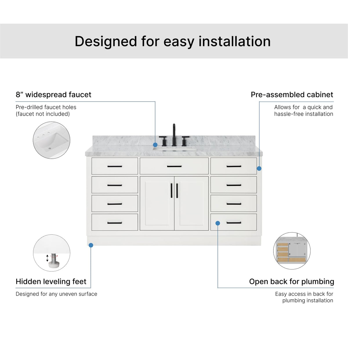 ARIEL Hepburn 66-inch Bathroom Vanity with Sink,Solid Wood, 1.5-inch Pure White Quartz Countertop & Backsplash, Single Rectangular Porcelain Sink, 2 Soft Closing Doors, 9 Dovetail Drawers, White