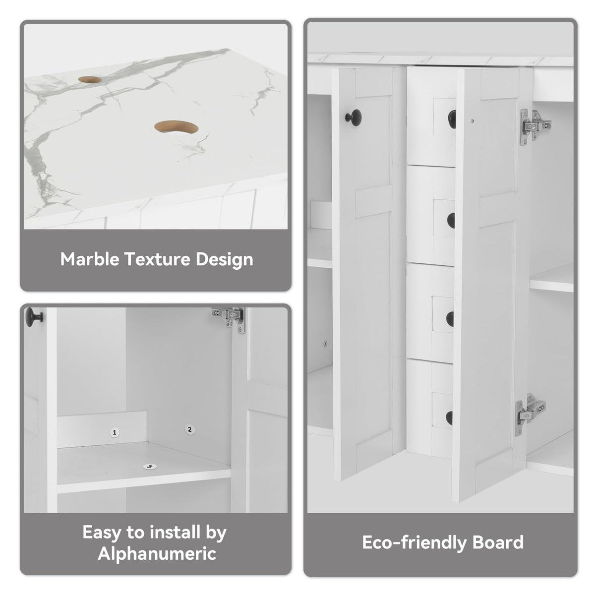48" Bathroom Vanity with Sink, White Modern Freestanding Bathroom Vanity Cabinet with Marble Texture Top and 4 Drawers, Two Boat Ceramic Vessel Sinks